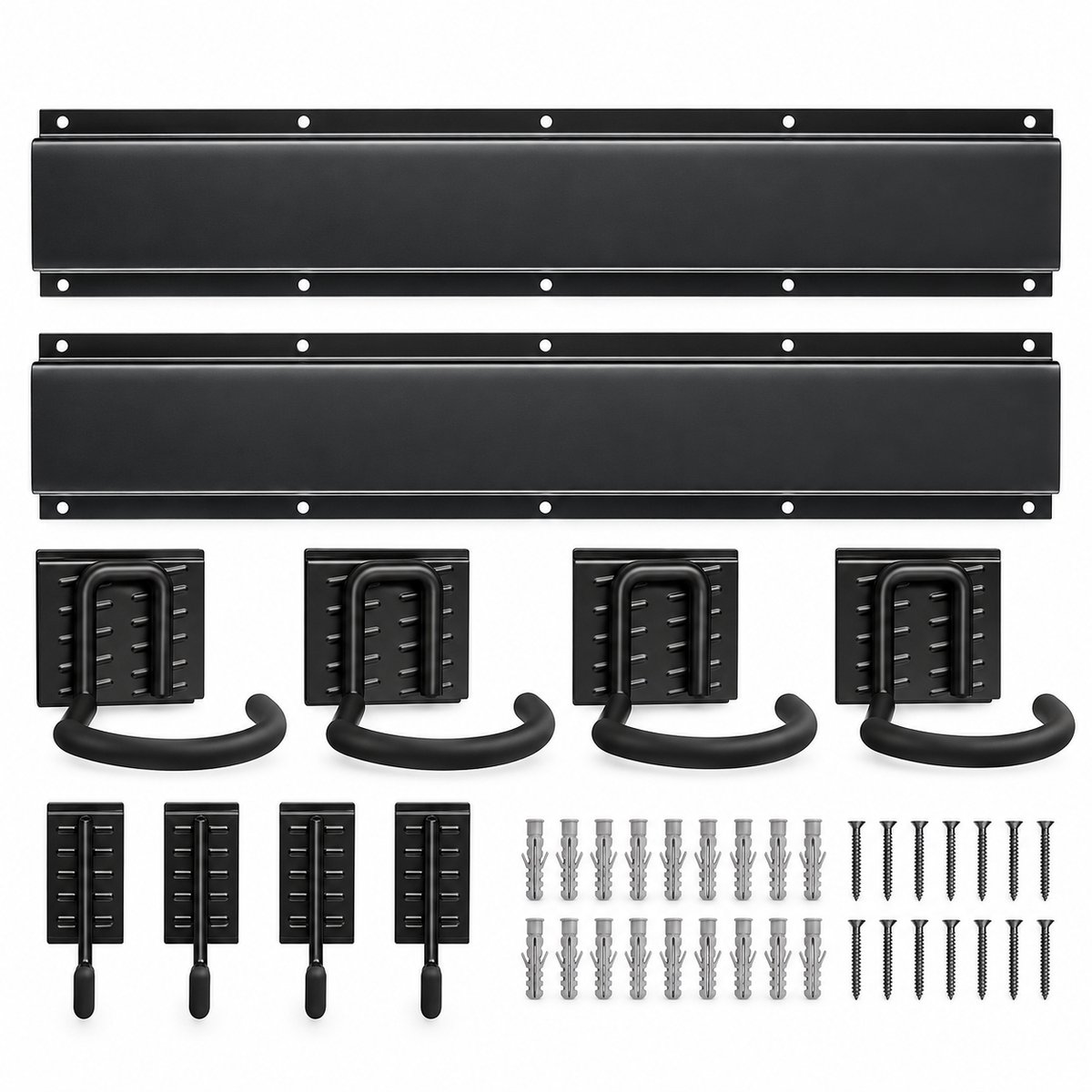 Fietsenrek Muur voor 4 Fietsen – Fiets Ophangsysteem Wand – Fietshouder met Rails & 8 Haken – Fiets Muurbeugel voor Garage en Schuur – Zwart