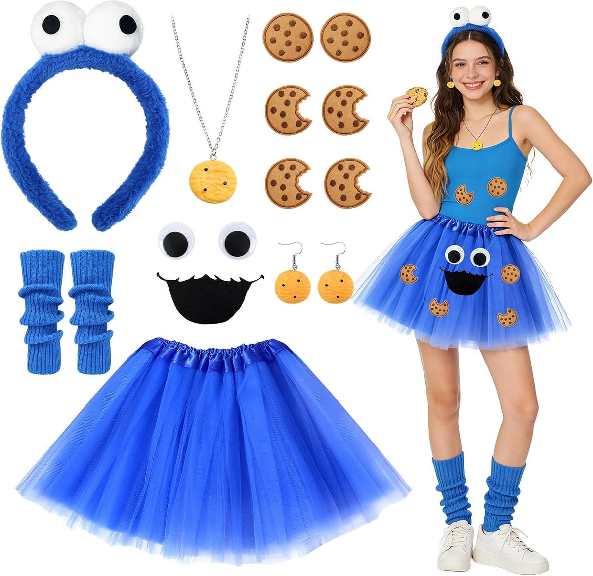 Koekjesmonsterkostuum voor dames, koekjesmonsterkostuum met hoofdband, tutu-rok, ogen mondstickers, koekjesstickers, oorbellen, halsketting, koekjesoutfit set voor carnaval, themafeest