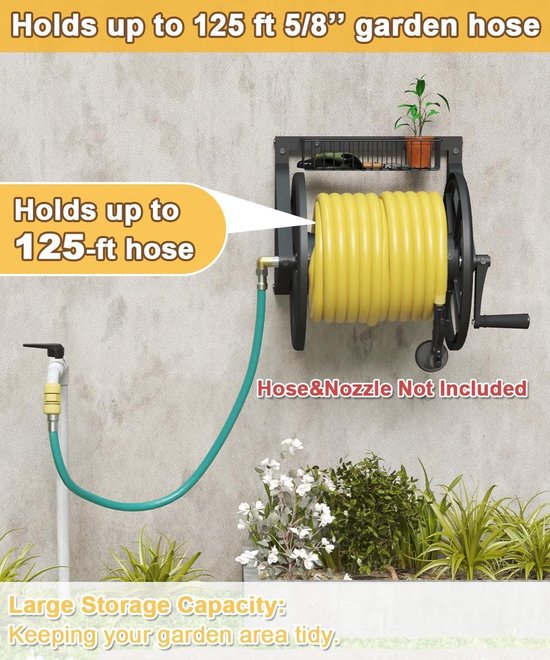 Stevige driehoekige tuinslanghaspel, wandmontage met slinger, voor 38 m slang (5/8") met 119 cm voorslang, messing fitting, opbergmand voor patio & tuin, Zwart — afbeelding 4