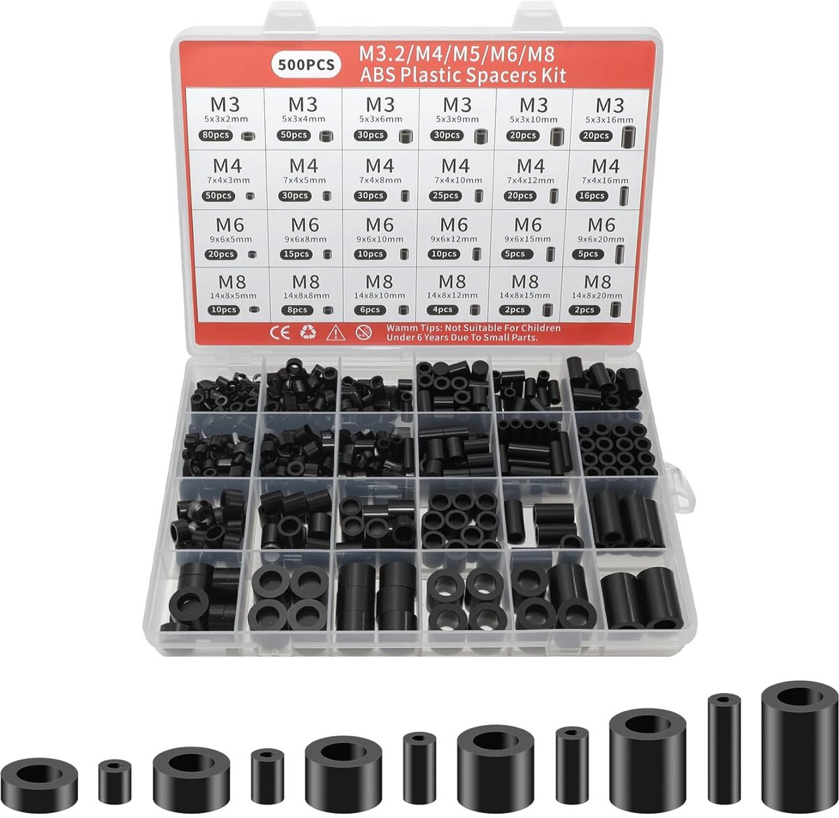 500 stuks afstandhouders, kunststof set, 24 maten, M3, M4, M6, M8, nylon afstandshulzen, sluitringen, kunststof, afstandhouders, muur, zachte afstandshulzen voor gordijn en montage