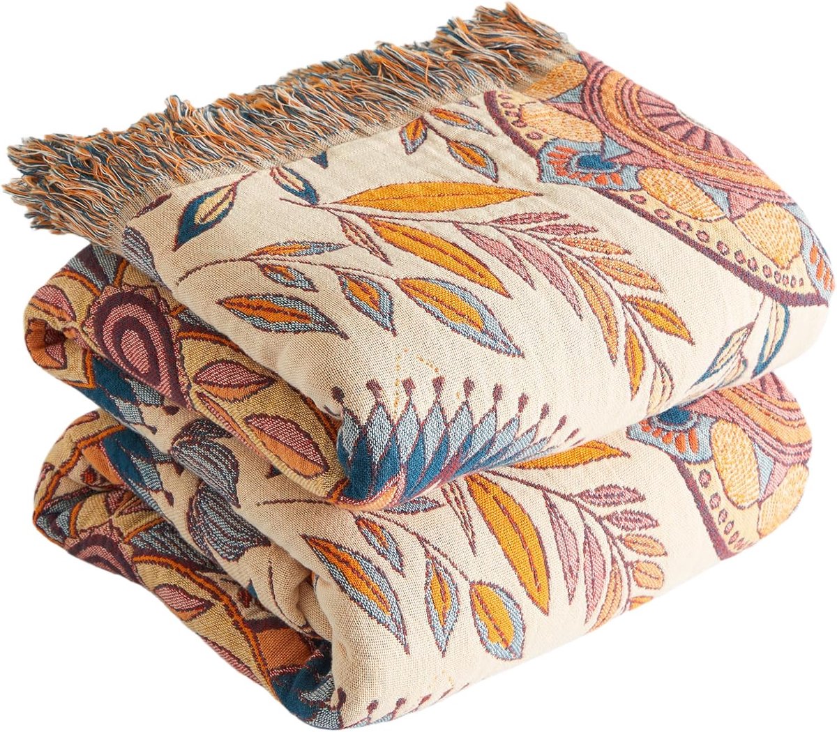 Premium boho-sprei, 100% katoen, knuffeldeken met franjes, dubbelzijdige mousseline, boho-deken, 200 x 230 cm, behaaglijke bankdeken en bedsprei, zomerdeken voor woonkamer, beige/glasblauw