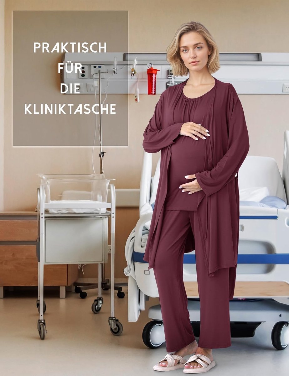 Voedingspyjama voor dames, 3-delig, zwangerschaps- en borstvoedingspyjama met top, broek en ochtendjas, ideaal voor zwangerschap, weekbed en kliniek