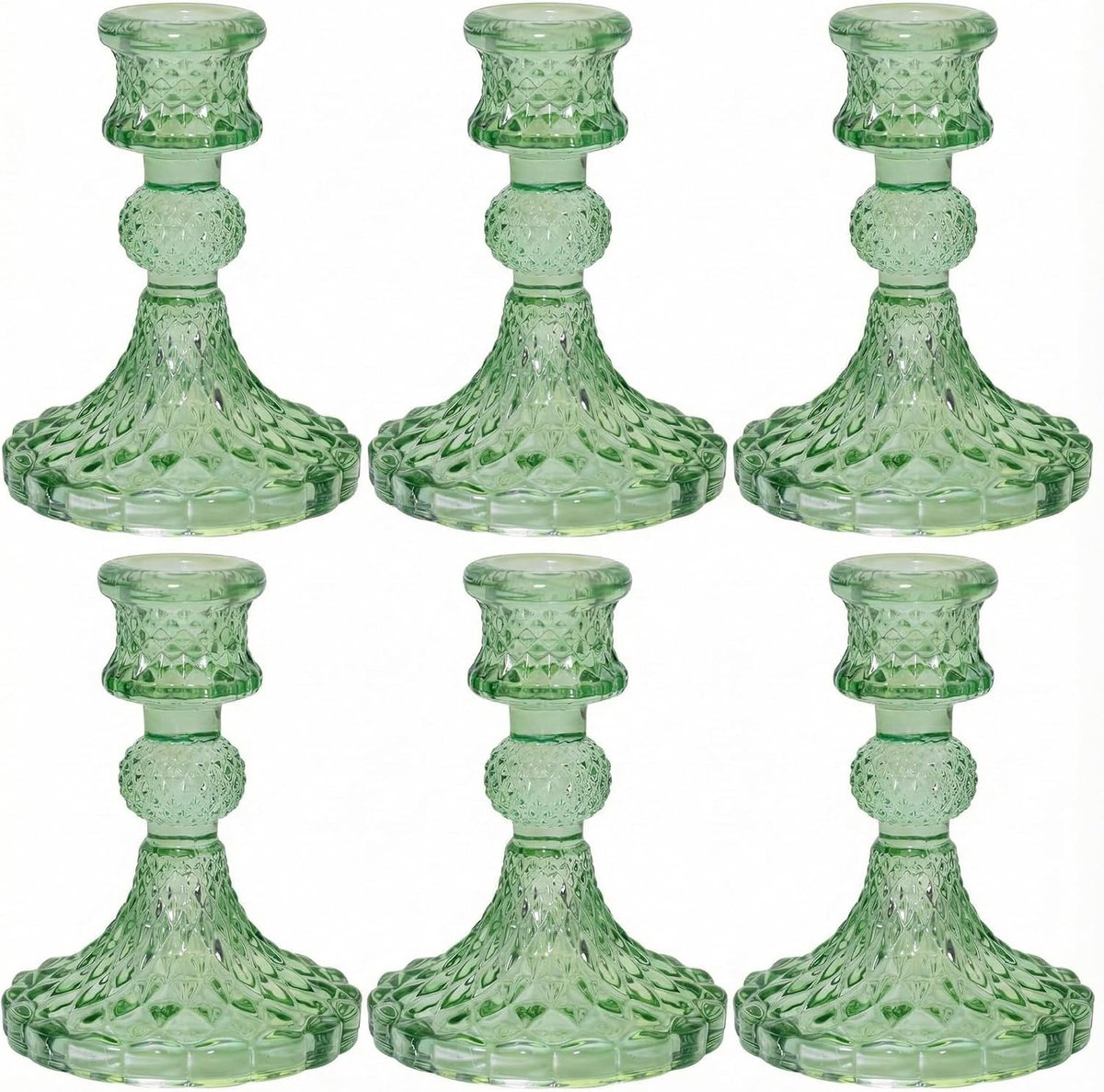 Glazen kandelaarset, 6-delig, groen, transparante kandelaar voor staafkaarsen, elegante tafeldecoratie voor bruiloft, Kerstmis en woondecoratie