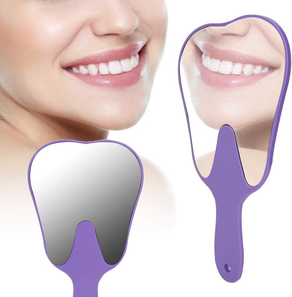 tandvormige spiegels Leuke ontwerphandgreep Handspiegel Draagbare tandheelkundige accessoire voor dames, heren en kinderen(Paars)