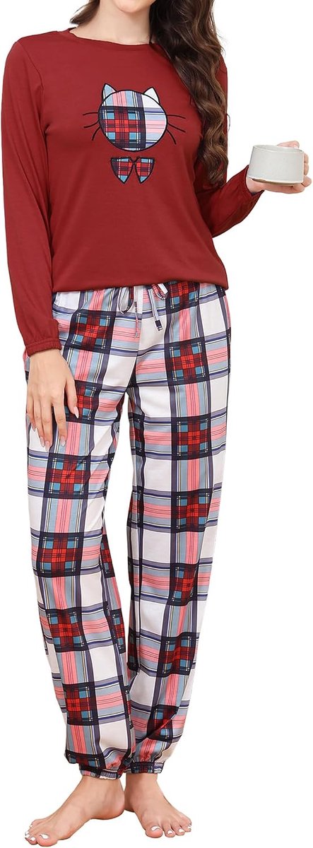 Pyjama Dames Lange Pyjama Katoenen Winter Pyjama Set Ronde Hals Top en Pyjamabroek Lange Mouwen Loungewear Nachtkleding Huispak Gezellig Vrijetijdspak