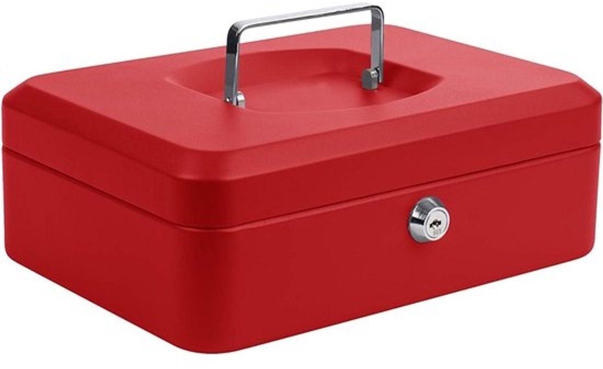 Metalen geldkistje - Kassalade met sleutel - Veilig geld bewaren - Inschuifbare draaggreep - 25x18x9 cm - Rood