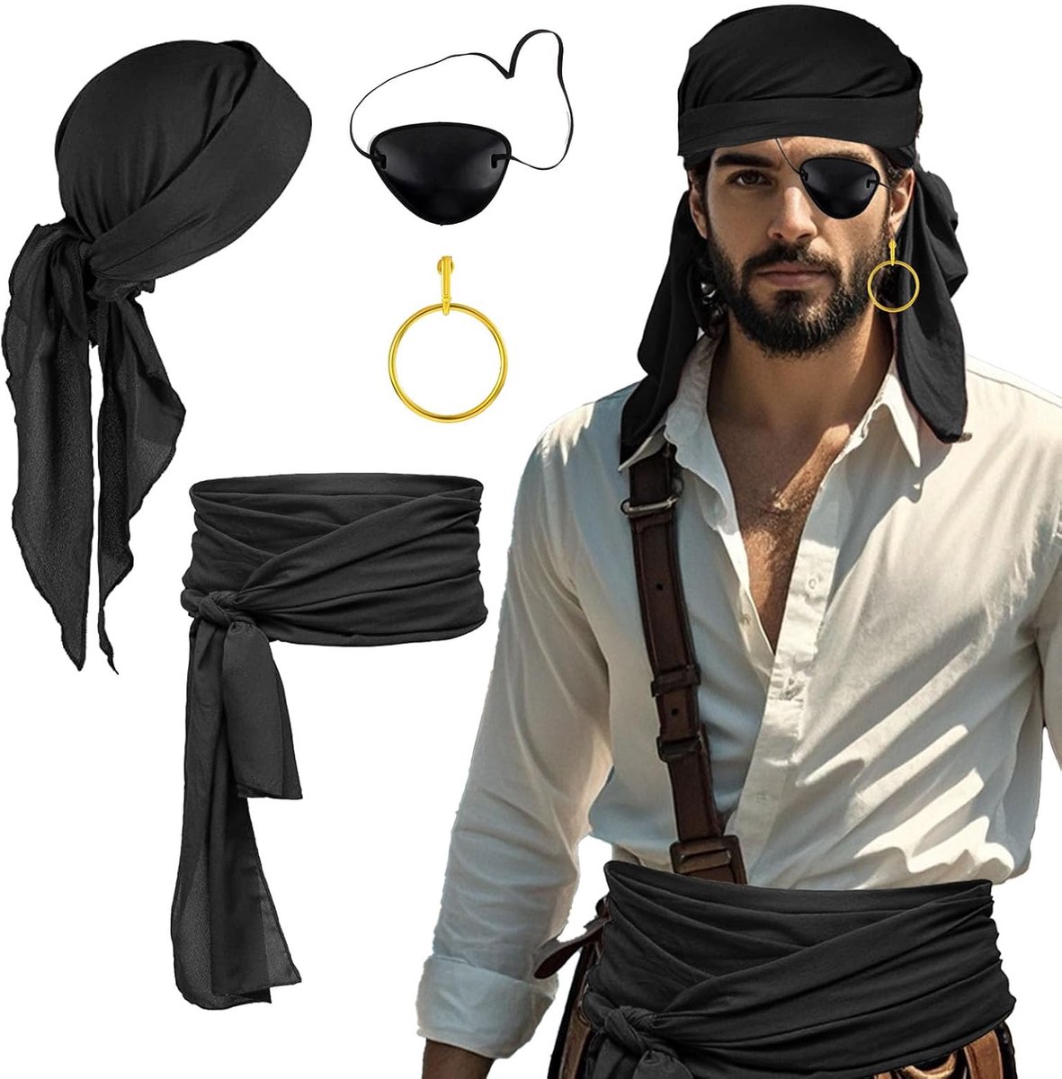 3 stuks piratenkostuum, piratenaccessoires, piratenkostuum met oogklep, hoofddoek, piratendoek, sjerp, vrouwen, mannen, piraat, captain Dress Up, set voor carnaval, Halloween, party