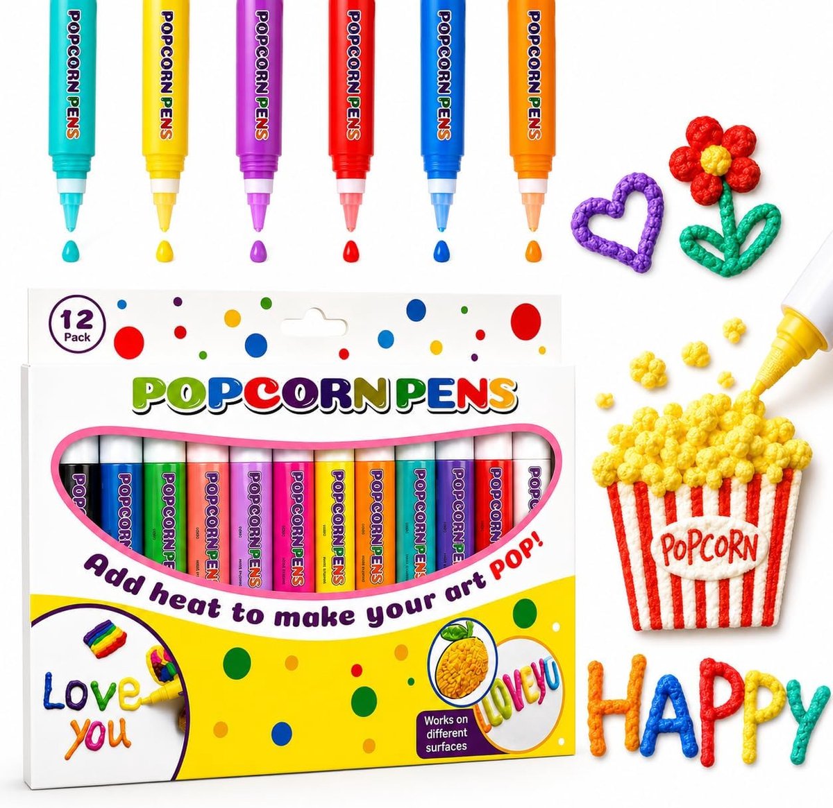 Popcornpennen 3D - 12 kleuren - magisch bloei-effect - creatieve knutselset voor kinderen vanaf 3 - ShopVlot