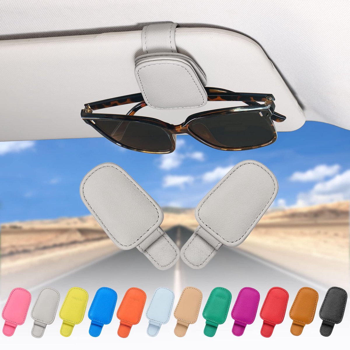 Set van 2 Brillenhouder - Echt Leer Magnetisch met Ticketclip - Voor Auto Zonneklep - Grijs