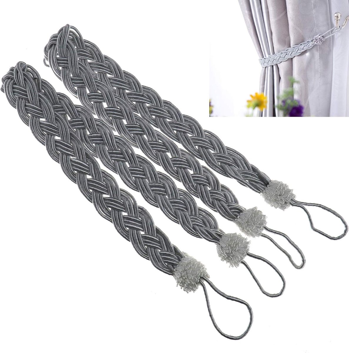 Dailygoods- Tiebacks - Gevlochten Satijn Touw - 59 cm Lang - Paar - Terughoudgordijn - Zilver - Inclusief Lussen - Gordijnhaken