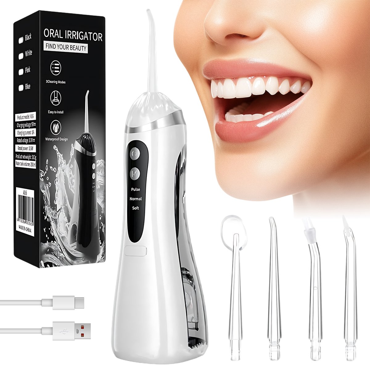 Waterflosser Draadloos - Monddouche Draagbaar - Elektrische Water Flosser - 80-120 PSI - 200 ml Waterreservoir - Type-C - 4 Vervangbare Sproeiers - Flosapparaat - Voor Tandvlees & Tanden - Mondverzorging