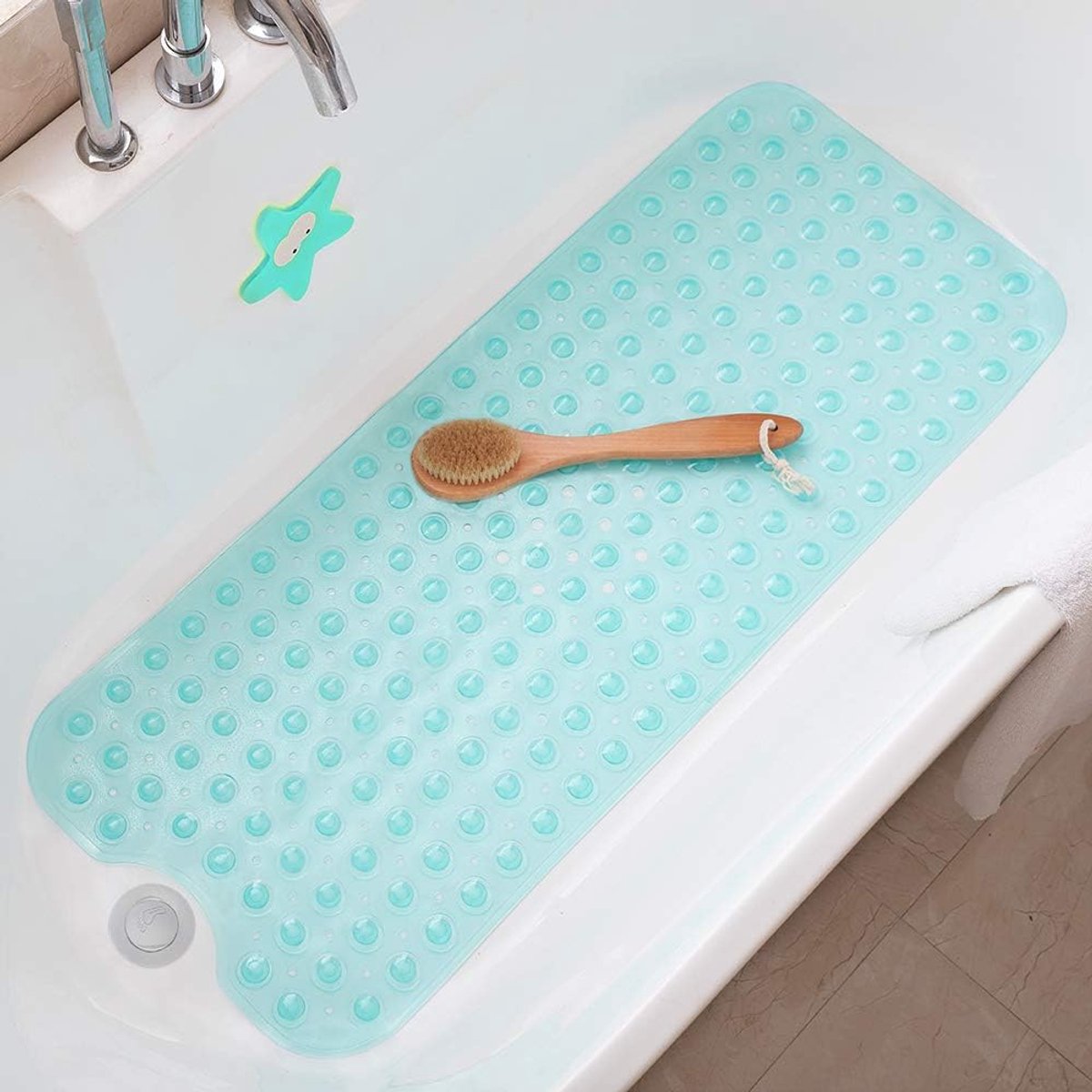 Badmatten voor douchebad, antislip badmat 95 x 40 cm, extra lange douchemat, badmat voor badkamer met machinewasbaar, BPA-vrij voor kinderen (helder aqua)