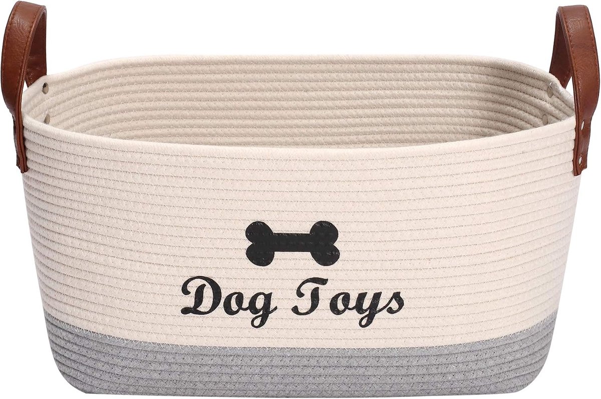 Katoenen hondenspeelgoedmand, 16.5"x10.6" x 7.5" puppy speelgoedmand, puppy bakken, huisdier organizer, wasmand opbergbak - Perfect voor het organiseren van huisdier speelgoed, dekens, riemen, jas en spullen - Beige Grijs