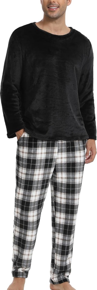 Fleece pyjama lange pluizige warme pyjama, flanel bovendeel en geruite slaapbroek set, huispak voor de winter