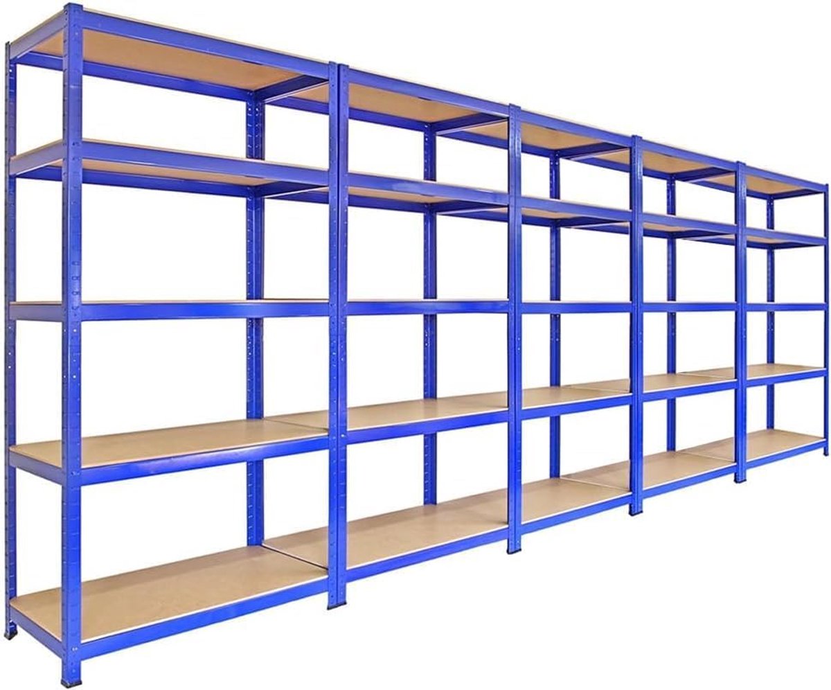 Opbergrek voor garage, werkplaats, van staal en MDF, schroefloos, planken voor garage, blauw, 90 cm x 45 cm, 5 stuks met hamer en stekkers