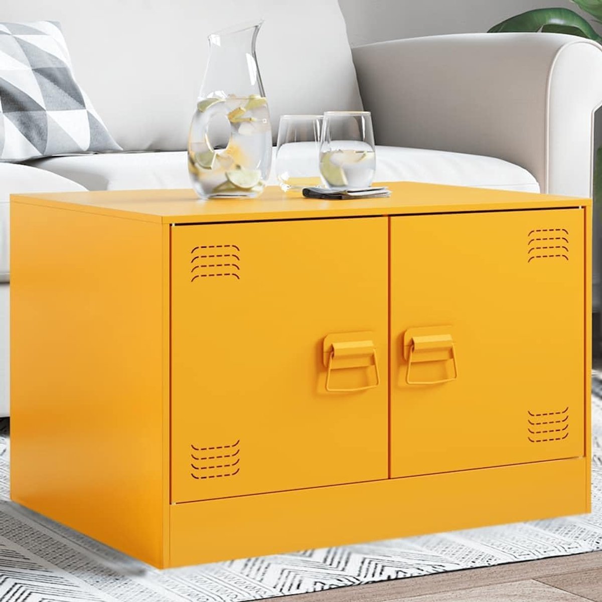 Mosterdgeel, 67 x 50 x 44 cm, stalen frame, koudgewalst, opbergruimte, kast, tv-meubel, woonkamer, modern, praktisch, robuust