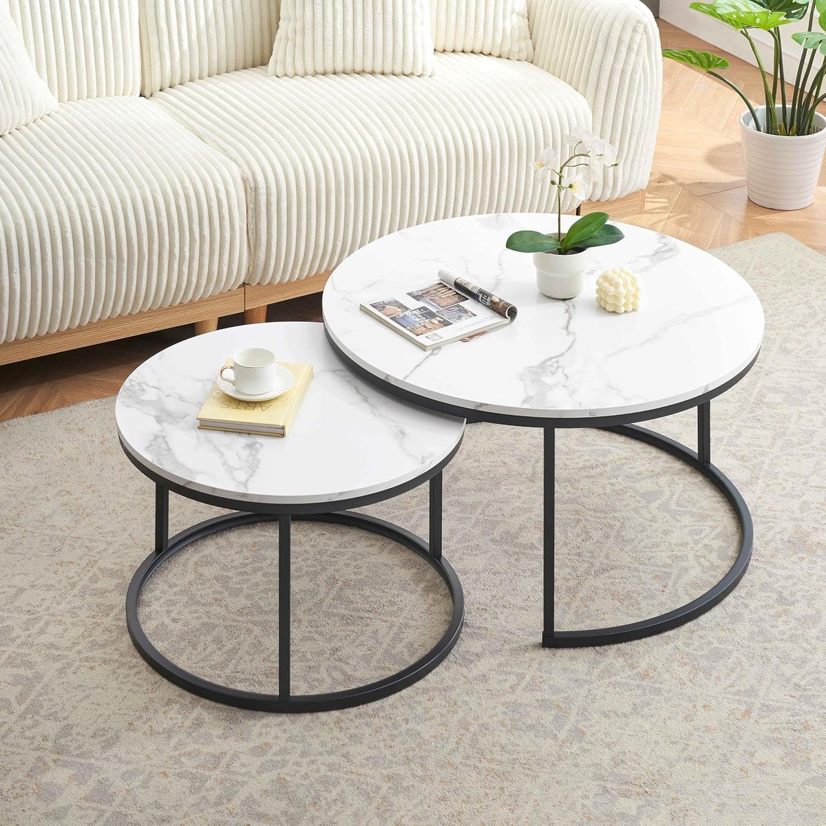 Salontafel met marmerlook, voor de woonkamer, diameter 80 cm en 60 cm, ronde tafel, MDF, wit marmerlook en zwart stalen frame