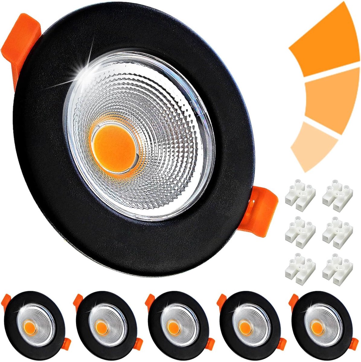 Dimbaar, 7 W, set van 6 led-spots, 230 V, rond, zwart, mat, warmwit, 2700 K, inbouwverlichting, 600 lm, 65-85 mm, gatmaat voor slaapkamer en woonkamer