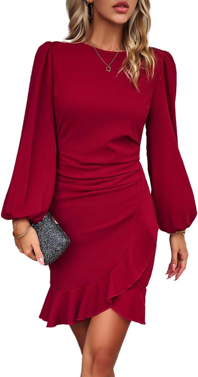 Zakelijke jurk voor dames, lange mouwen, bodycon, ruches, pofmouwen, effen avondjurken, vintage formele jurk