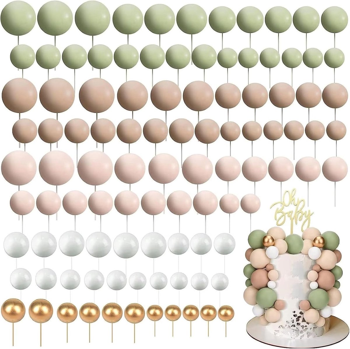 110 Stuks Decoratieve Taartbollen, Cake Ball Cupcake, Mini Taarttopper, voor Verjaardagsfeest, Valentijnsdag, Huwelijksfeest, Groen Bruin