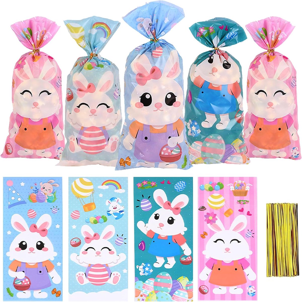 Laeeyin 100 stuks paaskoekjeszakjes, radijs en konijntjes, snoepzakjes met 100 twist-stropdassen, paasei, cellofaanzakjes, cadeauzakjes voor snoep, snoep, koekjes, paasfeest