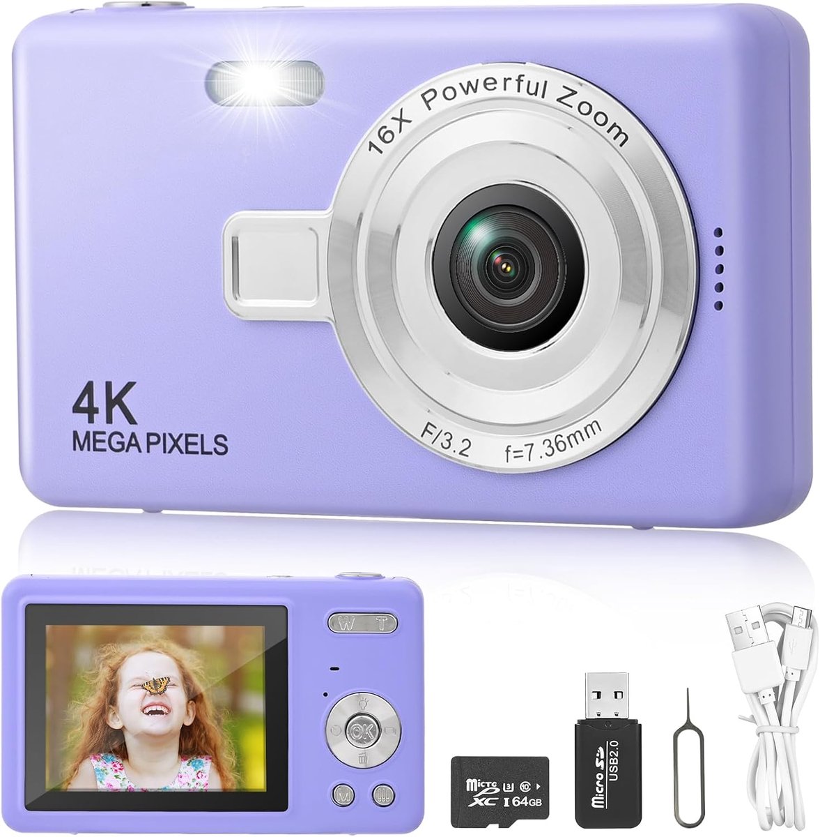 Digitale camera met 64 GB kaart, 1080p 40 MP compacte digitale camera met 8-voudige digitale zoom flits, digitale camera's voor kinderen, jongeren en volwassenen, beginners (paars)
