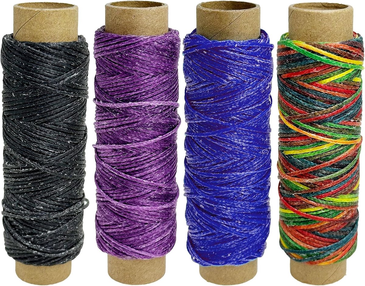 4 kleuren gewaxt polyester koord, 0,8 mm, 150D, gewaxt garen voor lederwerk, tapijten, zwart, meerkleurig, donkerpaars, blauw