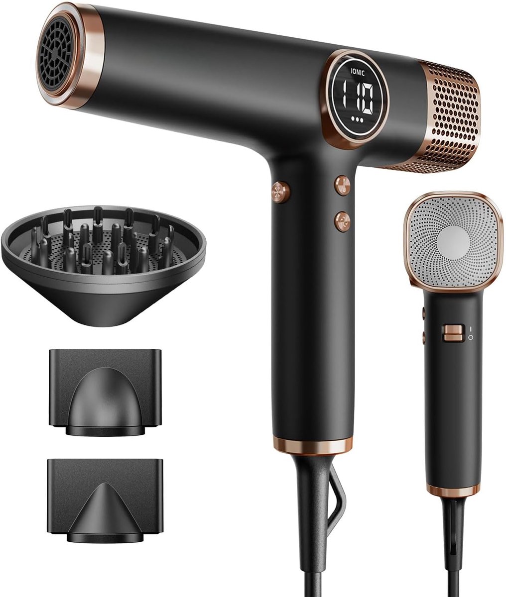Föhn Lichtgewicht Föhn met 110.000 RPM Borstelloze Motor voor Snel Drogen, Ionische Föhn, Laag Geluidsniveau, LED-scherm, 3 Magnetische Mondstukken voor Thuis, Salon