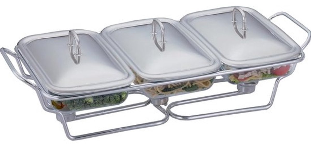 Buffet Warmer Set 3 Delen met Glazen Serveerschalen - RVS Chafing Dish voor Warme Gerechten