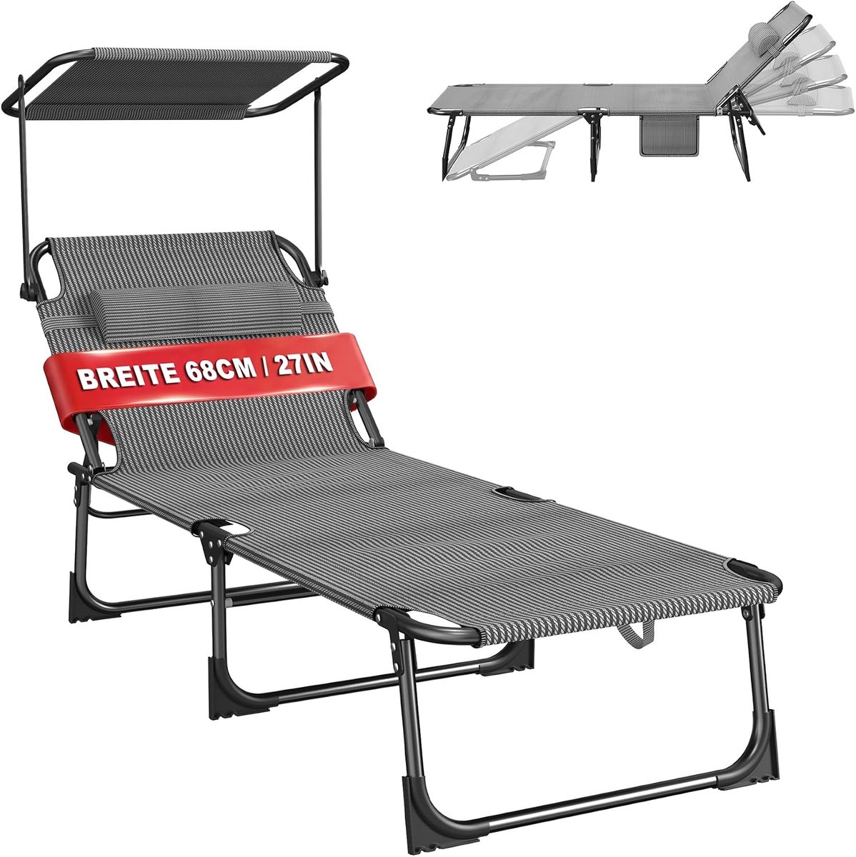 Ligstoel inklapbaar met dak, tuinligstoel, 194 x 68 x 30 cm, ligstoel met verstelbare rugleuning, hoofdkussen, zijvak, strandstoel voor tuin, balkon, strand, terras (zwarte strepen)