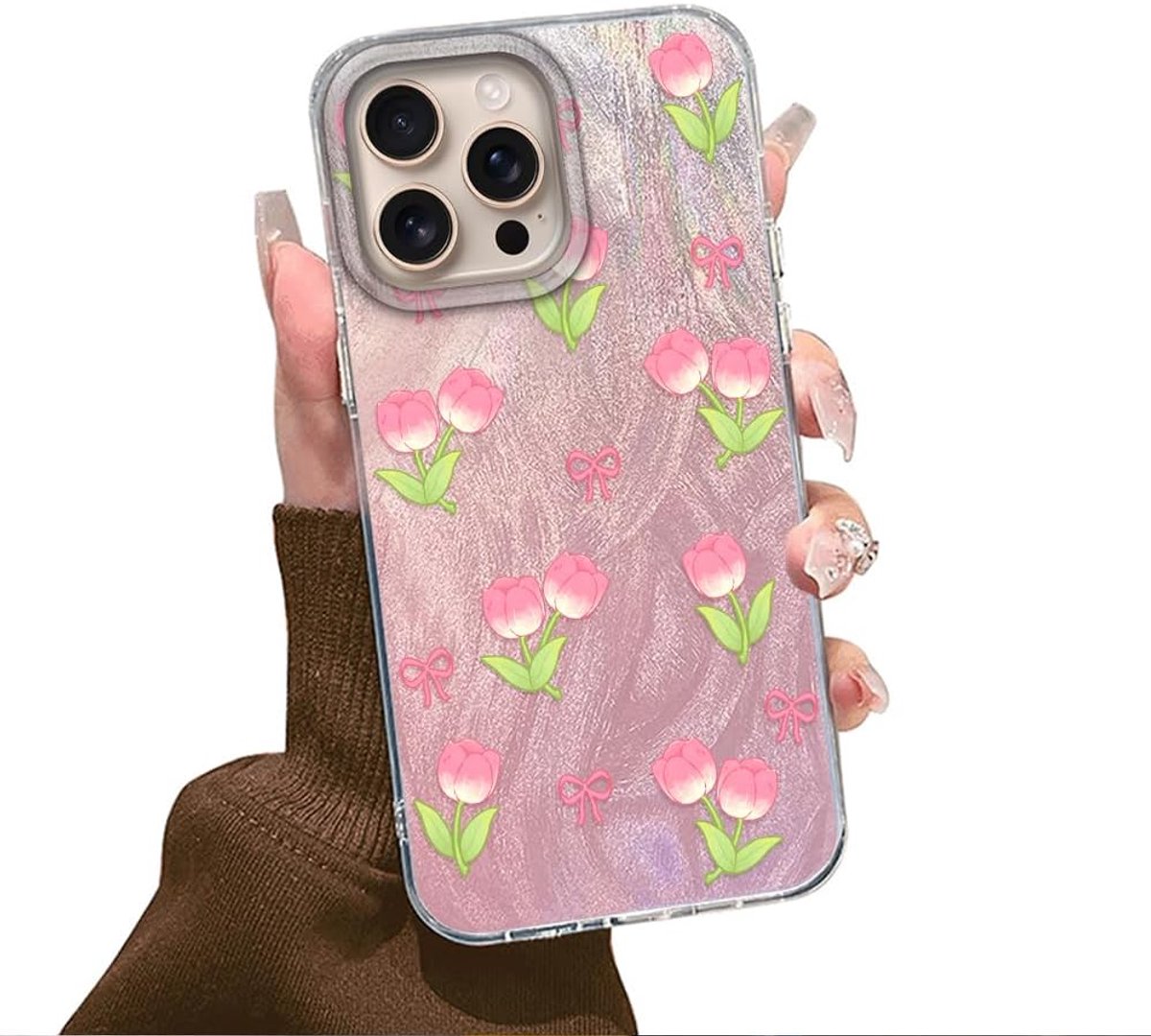 Hoes voor iPhone 16 Pro Max, telefoonhoes met roze bloemenpatroon, esthetisch motief, gebloemd, kleurrijk, dunne beschermhoes, stootvast, krasbestendig, telefoonhoes