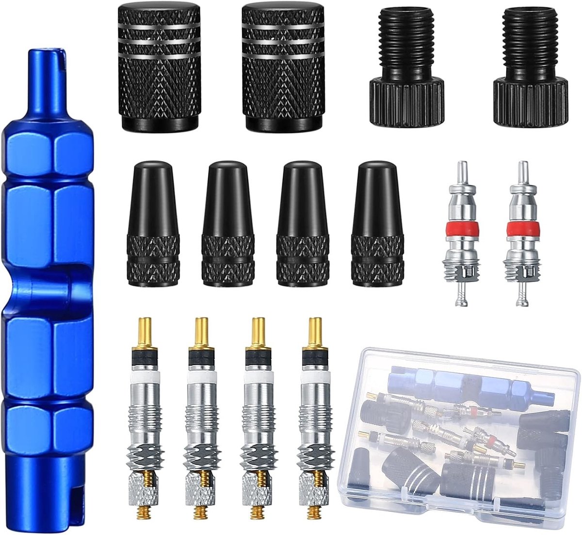 Set van 15 Fietsklep Inserts, Fietsklep Adapters, Presta naar Schrader Converter, Inclusief Ventieldop en Ventielkern Verwijderaar voor Fietsen