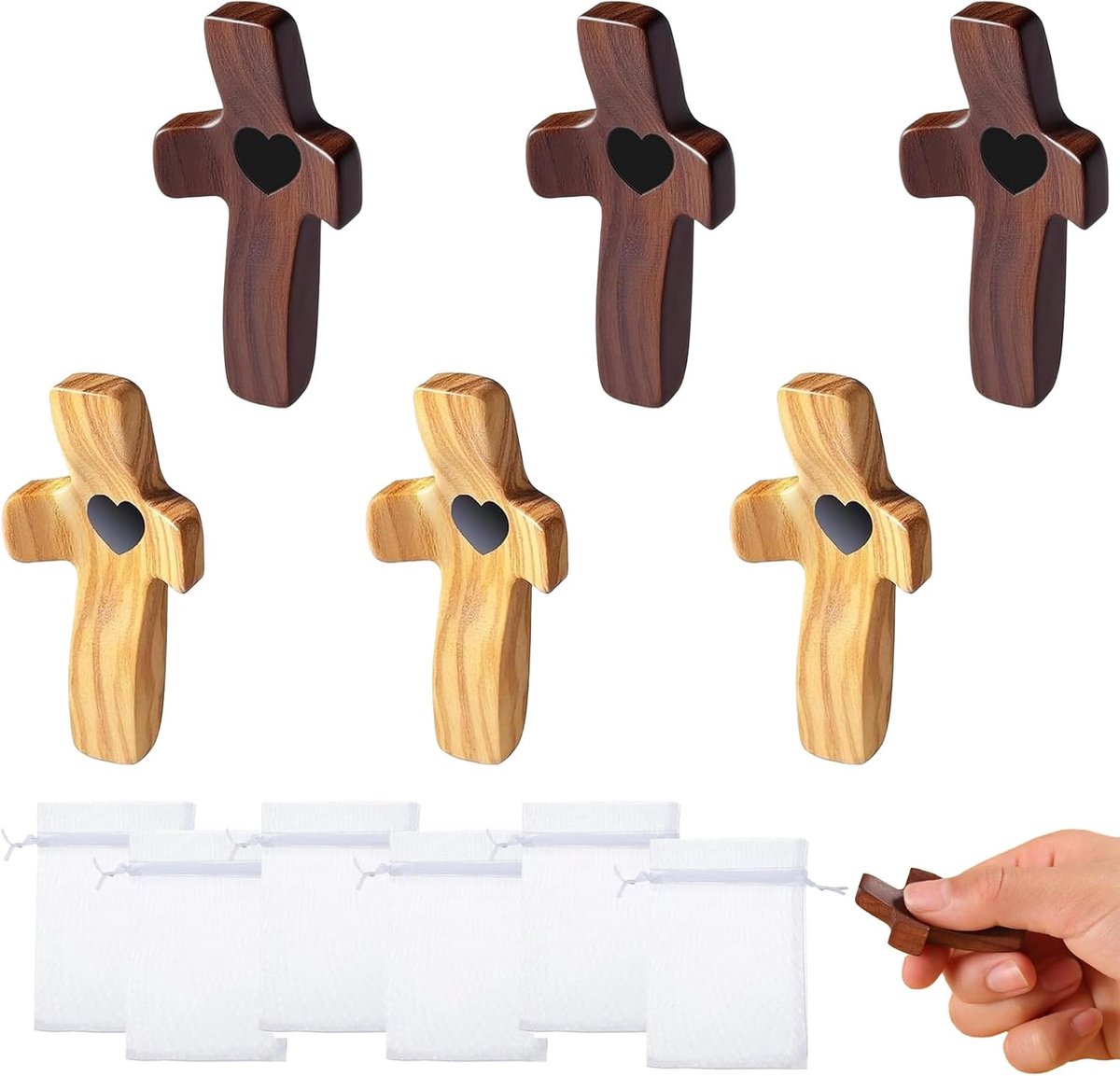 6 stuks gesneden houten kruis, handbedel kruis met hartjes, handgesneden liefdeskruis walnoothout en washout, handgesneden liefdeskruis voor gebed, meditatie en ontspanning, 5 x 2,5 cm