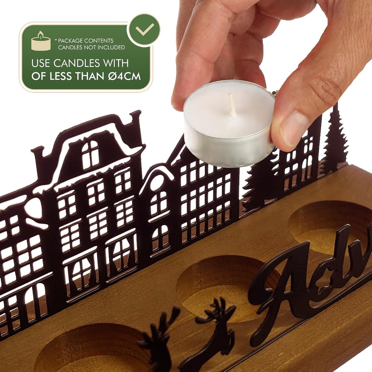 Adventskrans - Zwart - 26 x 8 x 9,5 cm - Metalen Kandelaar met Houten Houders - Voor Kerstdecoratie – foto 3
