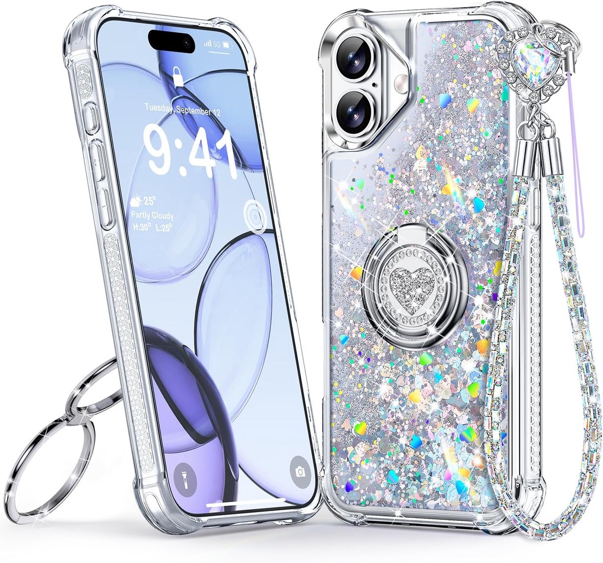 Glitterhoes voor iPhone 17, telefoonhoes met band en dubbele ringstandaard, hart drijfzand, bling cover, schokbestendig, voor vrouwen en meisjes, zilver