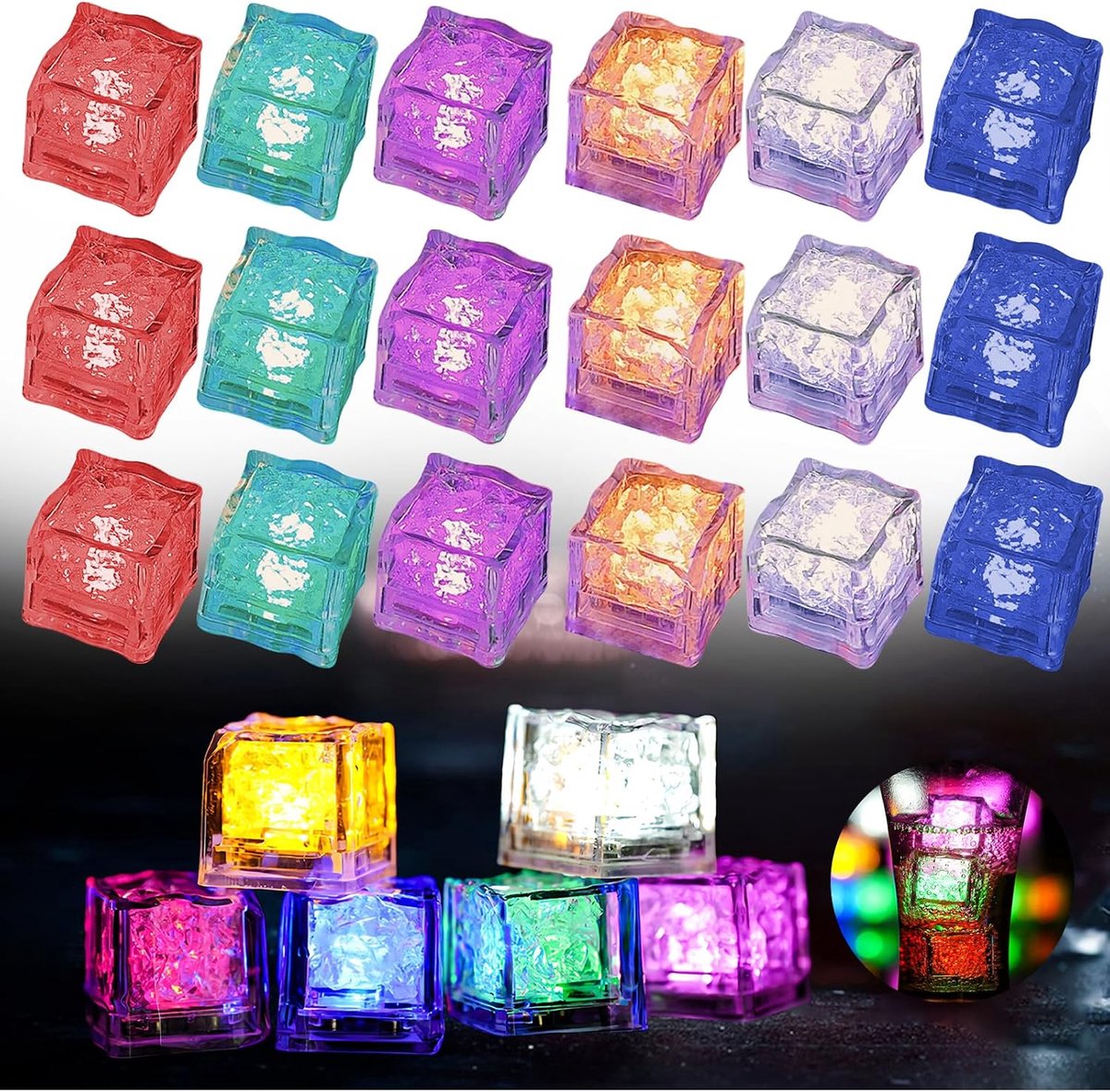 Dailygoods- Led-ijsblokjes 24 stuks - Lichtgevende IJsblokjes - Veelkleurige Decoratieve Verlichting - Bruiloft/Feest - Knipperend - Veilig voor Drank