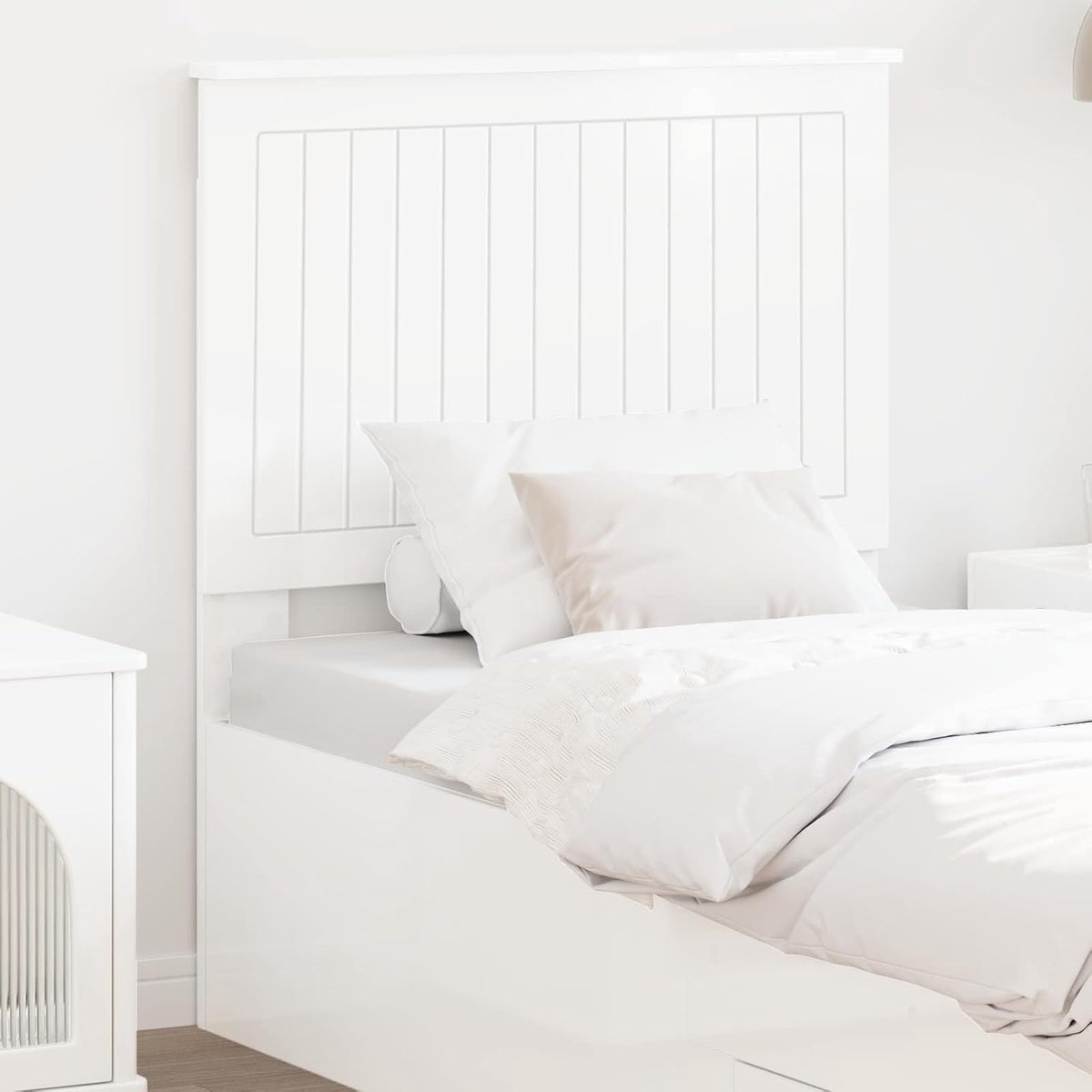 hoofdeinde van 80 cm in glanzend wit, gemaakt van houtmateriaal, met minimalistisch rechthoekig design, ideaal voor de slaapkamer, eenvoudig te reinigen,