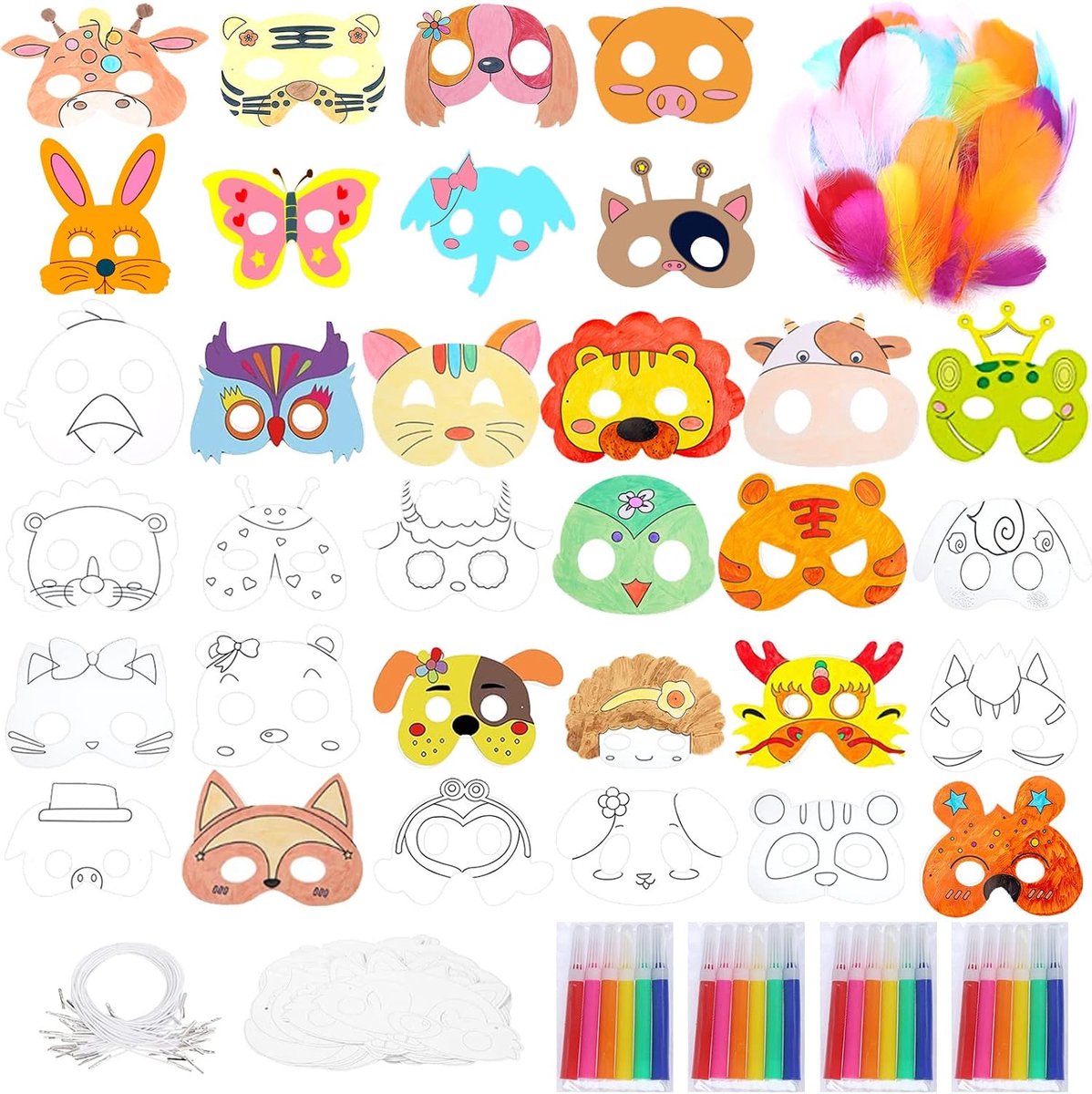 Dierenmaskers om in te Kleuren,Xiuyer 12 stuks Kindermaskers in Witte Kaart voor Graffiti Dierlijke Gezichtsmaskers met Elastische Touwen en 50 Gekleurde Veren voor Kinderen Handwerk Feestdecoratie