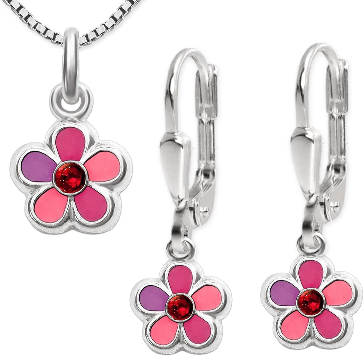 Schmuck Set zilveren oorbellen bloem roze roze met rode zirkonia en bijpassende hanger 925 sterling zilver met ketting Venezia 40 cm