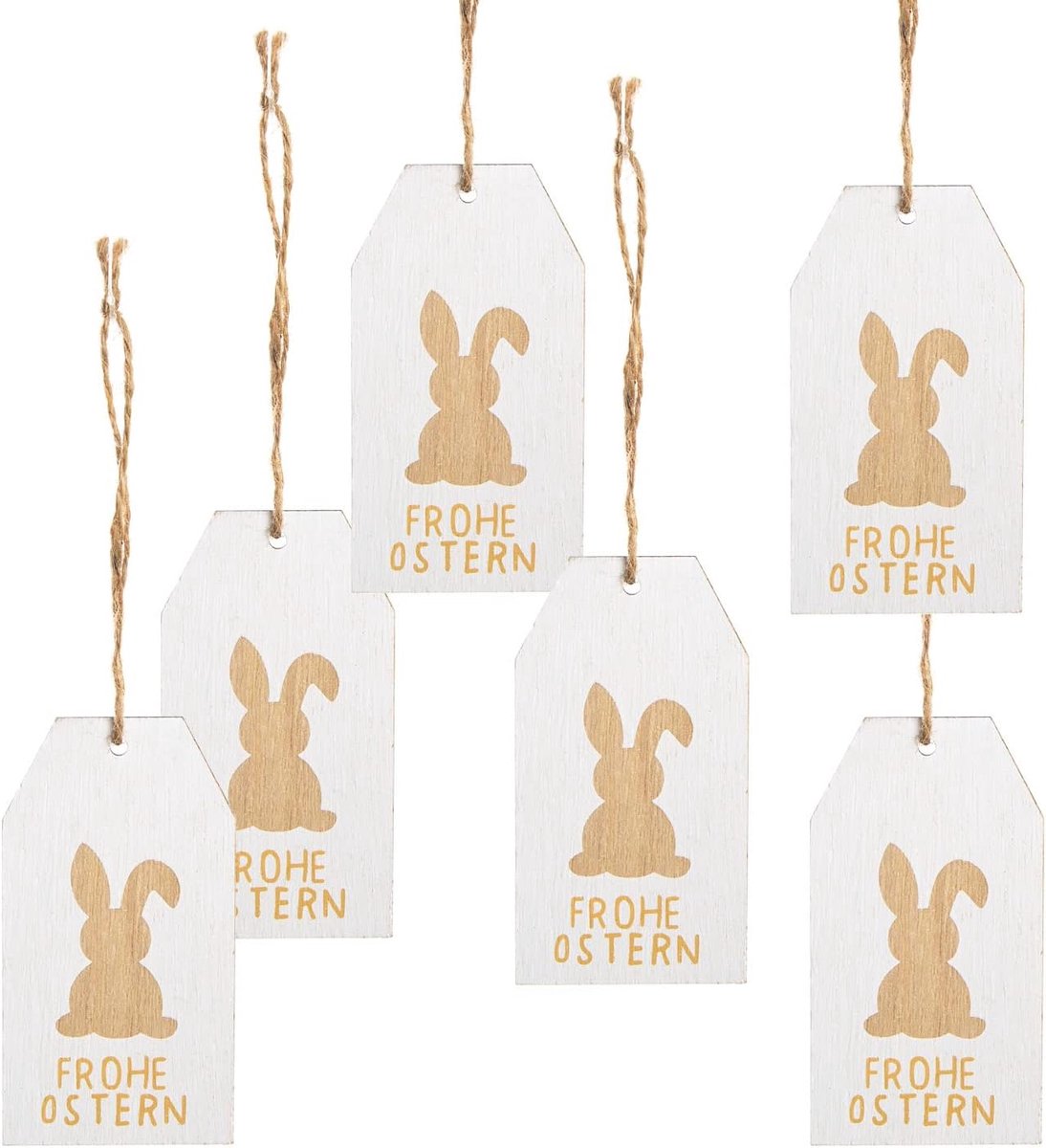 6 houten borden houten bord Vrolijk Pasen hanger wit bruin natuur paashaas haas hout tafel paasdecoratie paassieraad paasverpakking