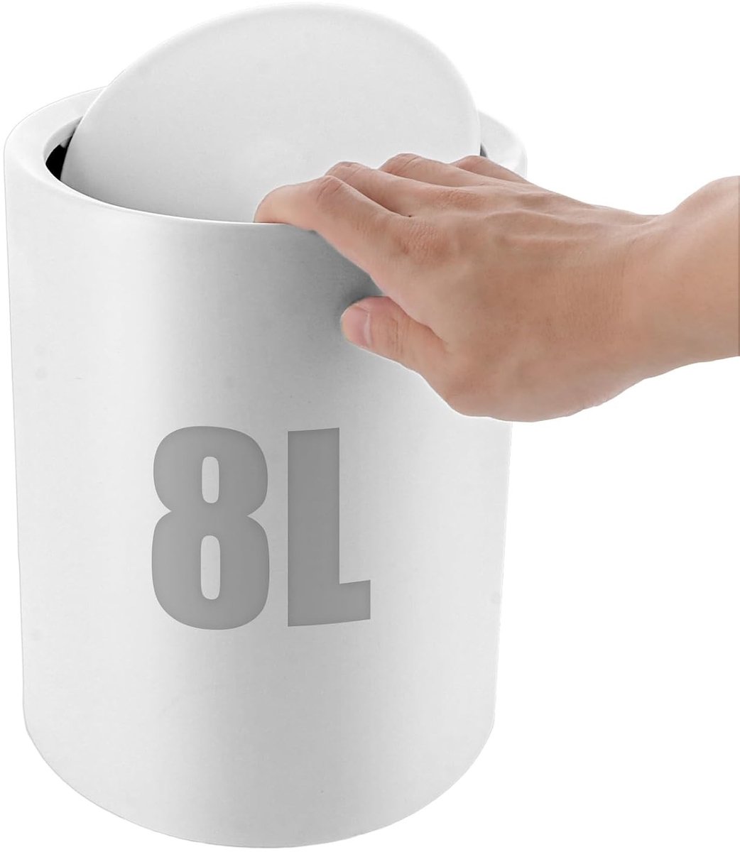Witte 8L Prullenbak voor Badkamer, BPA-vrije Cosmetische Afvalemmer met Swingdeksel, Duurzaam en Stijlvol Ontwerp voor Thuis en Kantoor (26 x 22 x 16.5 cm)