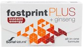 Doos "fostprint PLUS instant energy + ginseng", met geometrisch oranje/rood patroon, SoriaNatural logo.