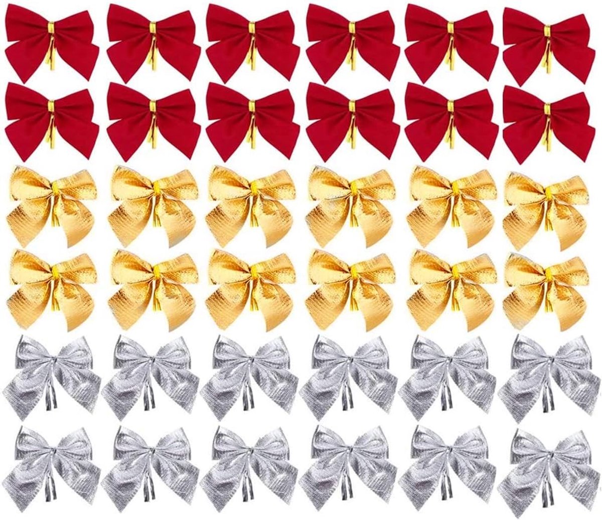 Dailygoods- Kerststrik 36 Stuks - Decoraties voor Kerstboom/Hangende Decoraties - Goud/Rood/Zilver - Flocking Doek - Afmetingen 5x6 cm - Sfeervolle Ve