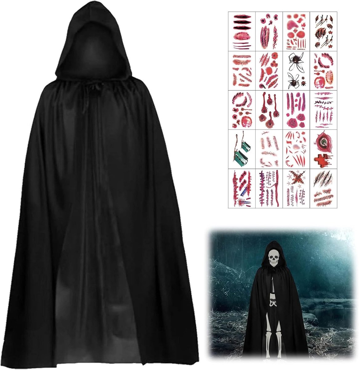 Halloween Kostuumset 140 cm, Zwarte Cape met Kap en 20 Halloween Tattoos, Vampier Outfit, Feestdecoratie, Kostuum voor Halloween