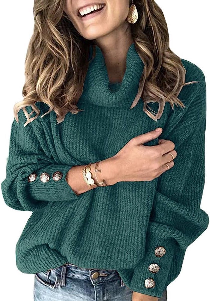 Dames rolkraag pullover winter lange mouwen losse gebreide trui casual warm gebreid met metalen knopen