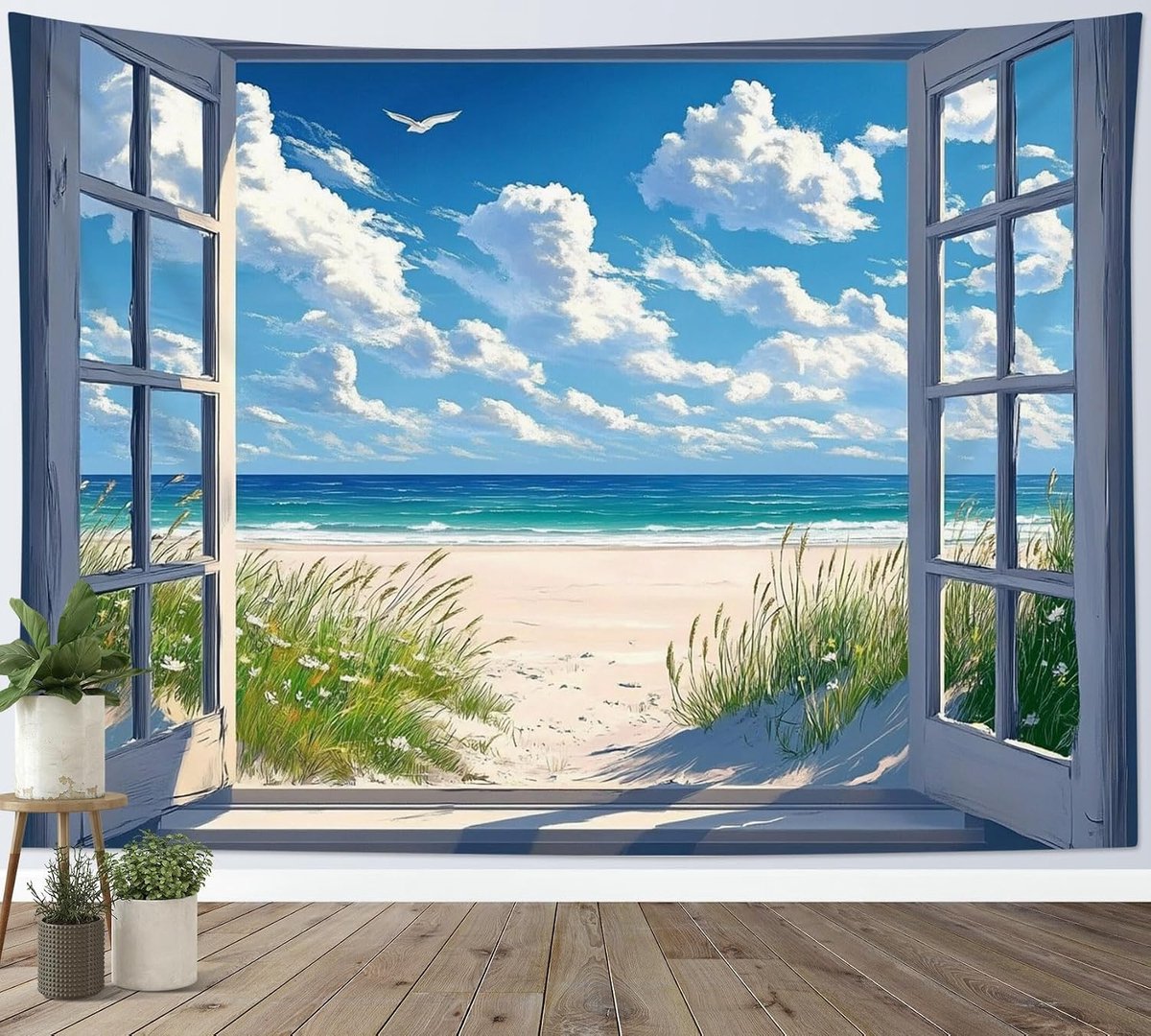Wandtapijt tropisch strand wanddoek blauwe zee groene planten zomer natuur landschap wandbehang wanddecoratie voor woonkamer slaapkamer slaapzaal, 150 x 100 cm