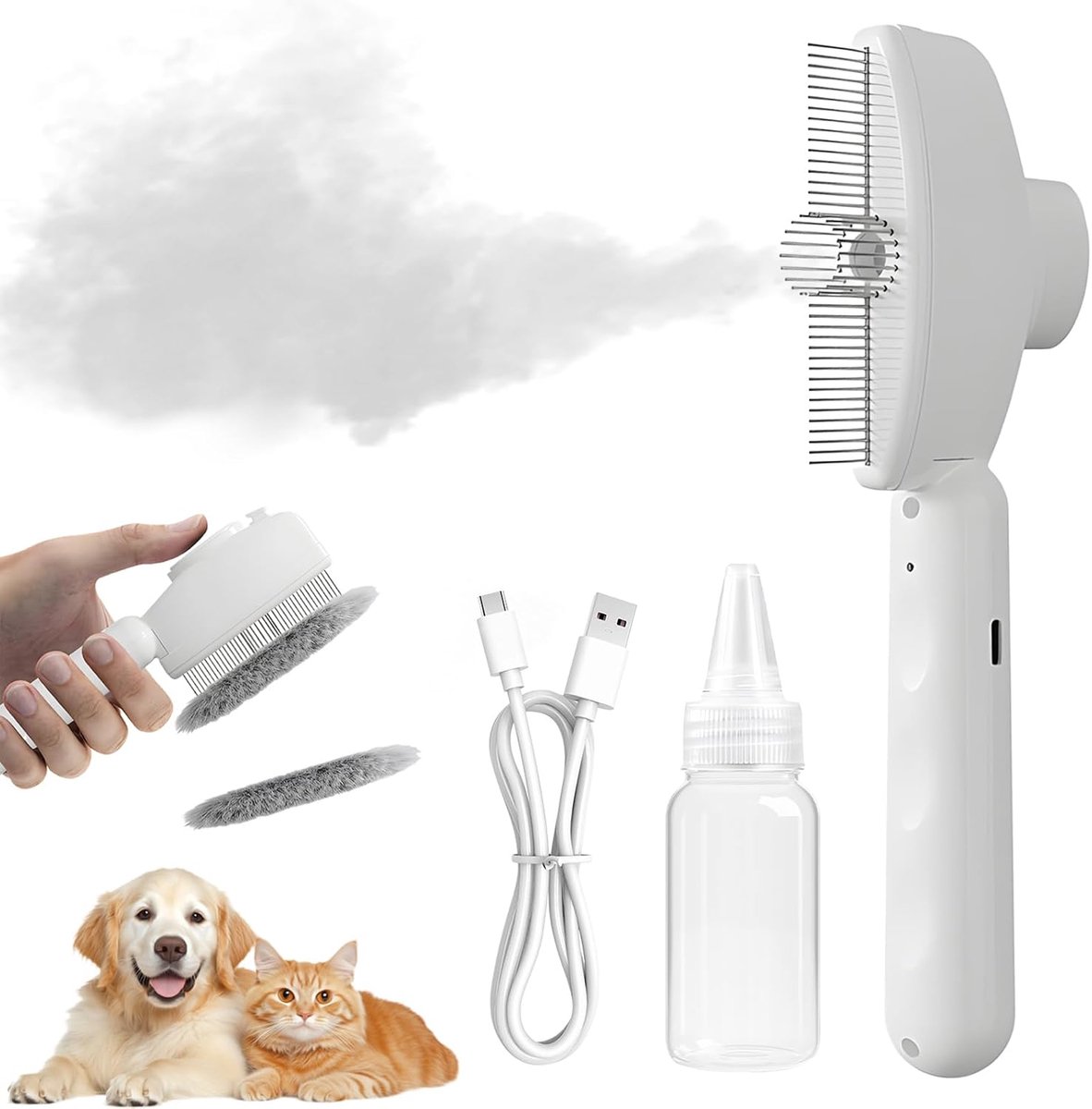 Kattenborstel met stoom, kattenverzorging met massagekam, met licht, voor honden, katten en huisdieren (wit)