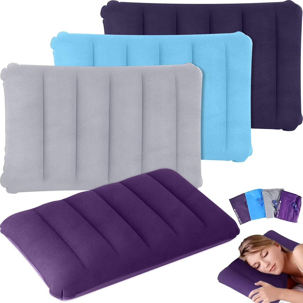 campingkussen, 4 kleuren, pvc-vlokken, voor buiten, reiskussen, draagbaar ergonomisch hoofdkussen van zachte materialen, voor auto, kantoor, strand, vakantie en lange reizen, 47 x 30 cm