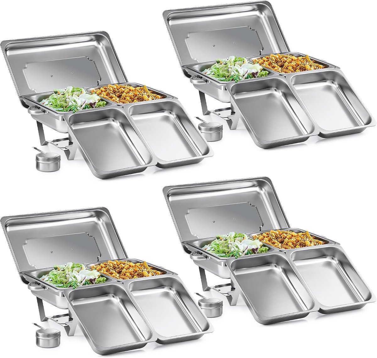 Verdeelbakken chafing dish set van 2 bakken GN 1/2 RVS, 4 stuks 9L buffetwarmers met 8 halve maat bakken, brandpasta houders, 4 deksel opvouwbare frames, voor feesten buffetten diners