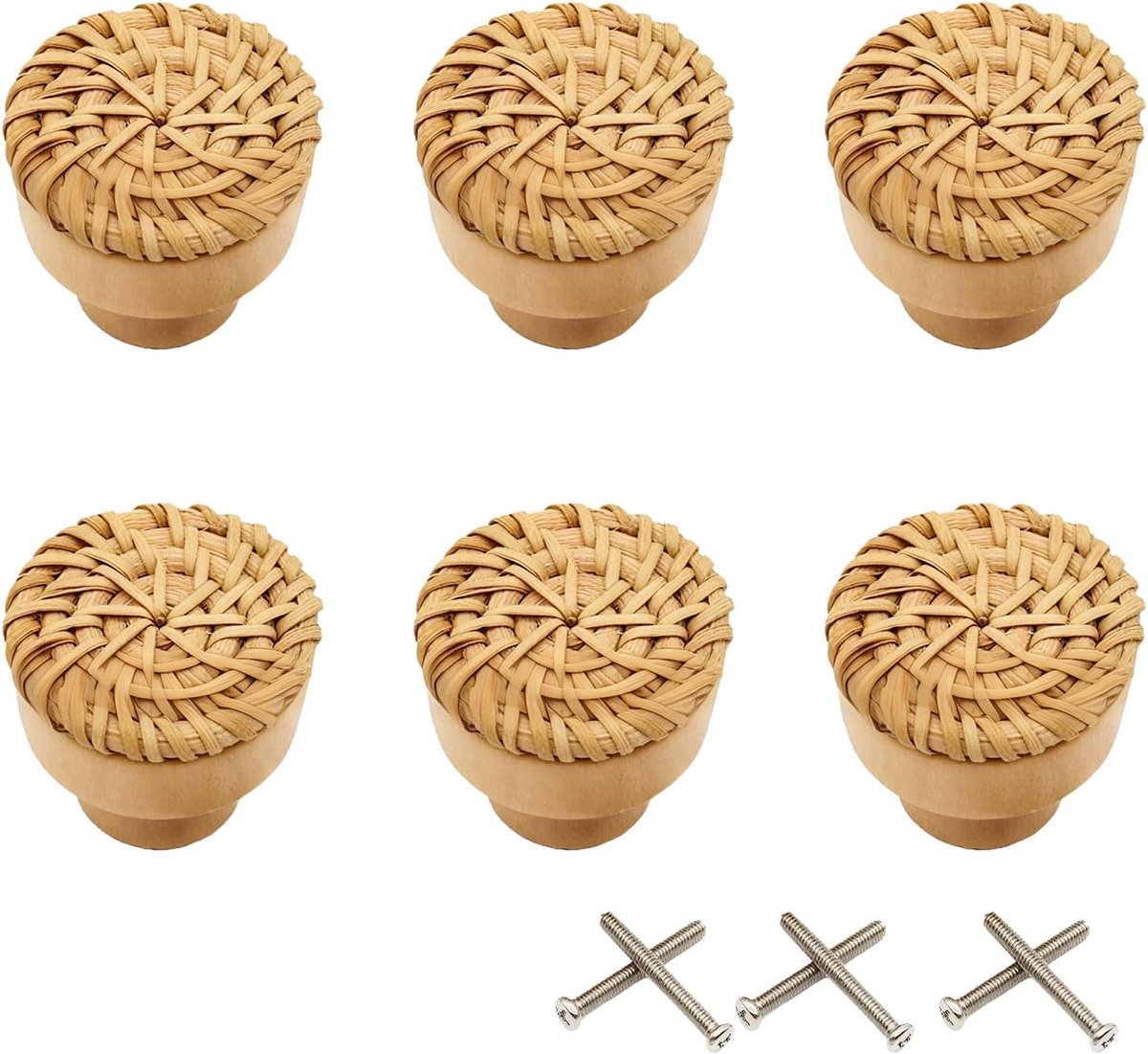 6 stuks houten deurladegrepen, rotan meubelknoppen, kastknoppen van massief hout, voor keuken, slaapkamer, laden (houtkleur)